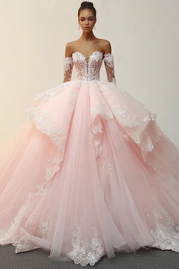 Princesse Rose Bal Robe Sans Bretelles À Volants Appliques Tulle Quinceanera Robe À Manches Détachables
